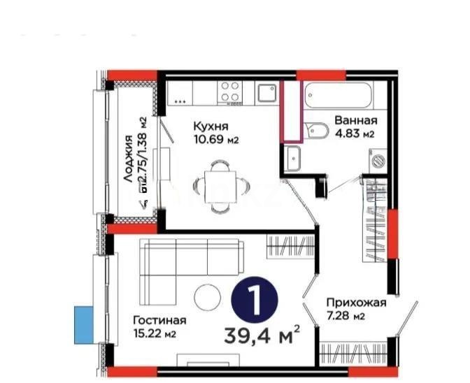 Продажа 1-комнатной квартиры, 39.4 м² в Астане