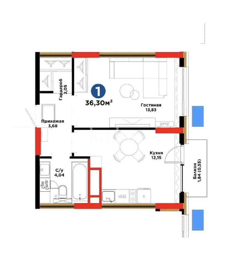 Продажа 1-комнатной квартиры, 36.3 м² в Астане