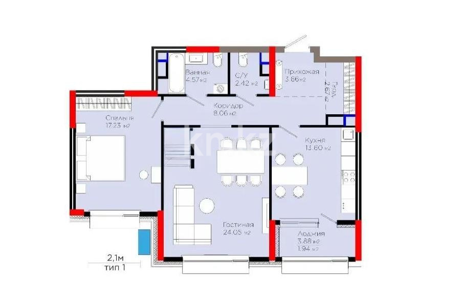 Продажа 2-комнатной квартиры, 78.2 м² в Астане