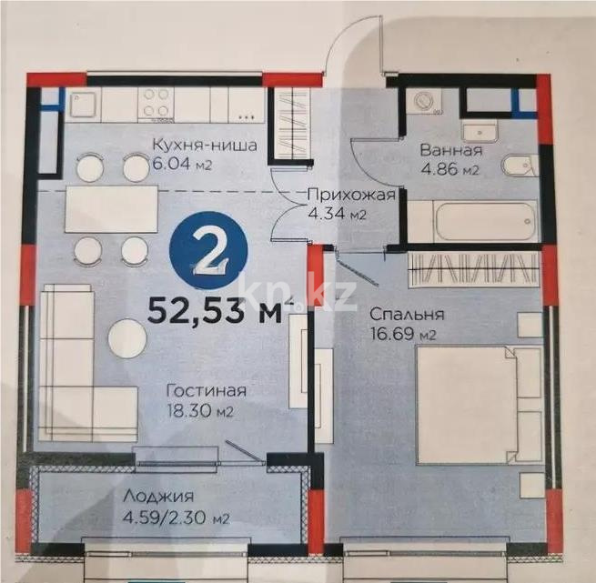 Продажа 2-комнатной квартиры, 52.5 м² в Астане