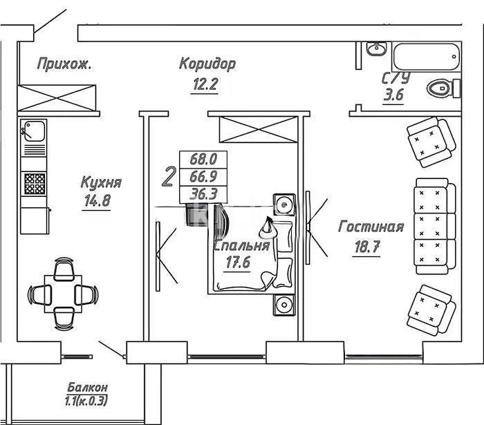 Продажа 2-комнатной квартиры, 68 м² в Астане