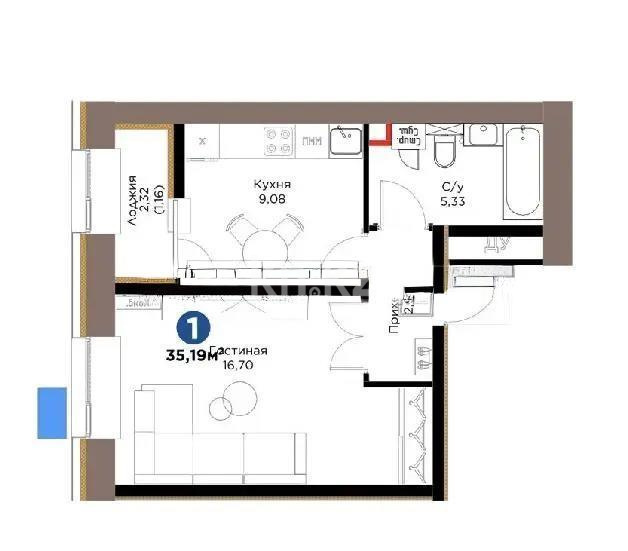 Продажа 1-комнатной квартиры, 35.19 м² в Астане