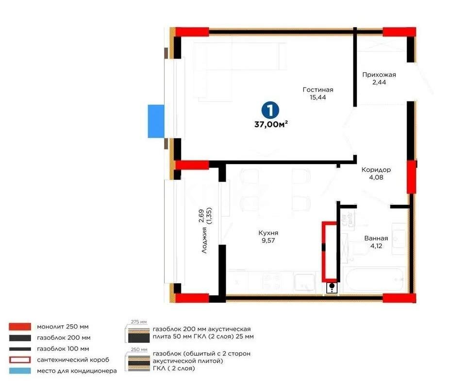 Продажа 1-комнатной квартиры, 37 м² в Астане