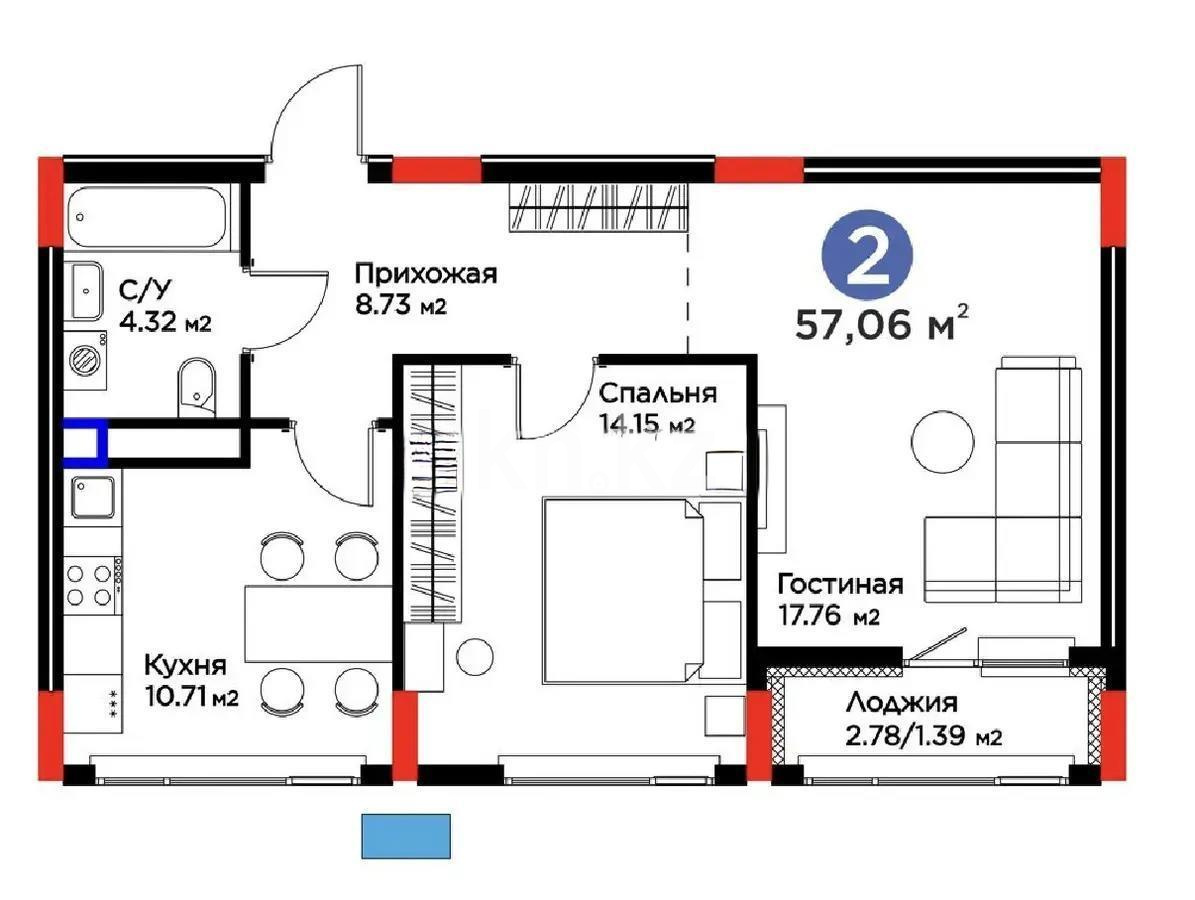 Продажа 2-комнатной квартиры, 57 м² в Астане