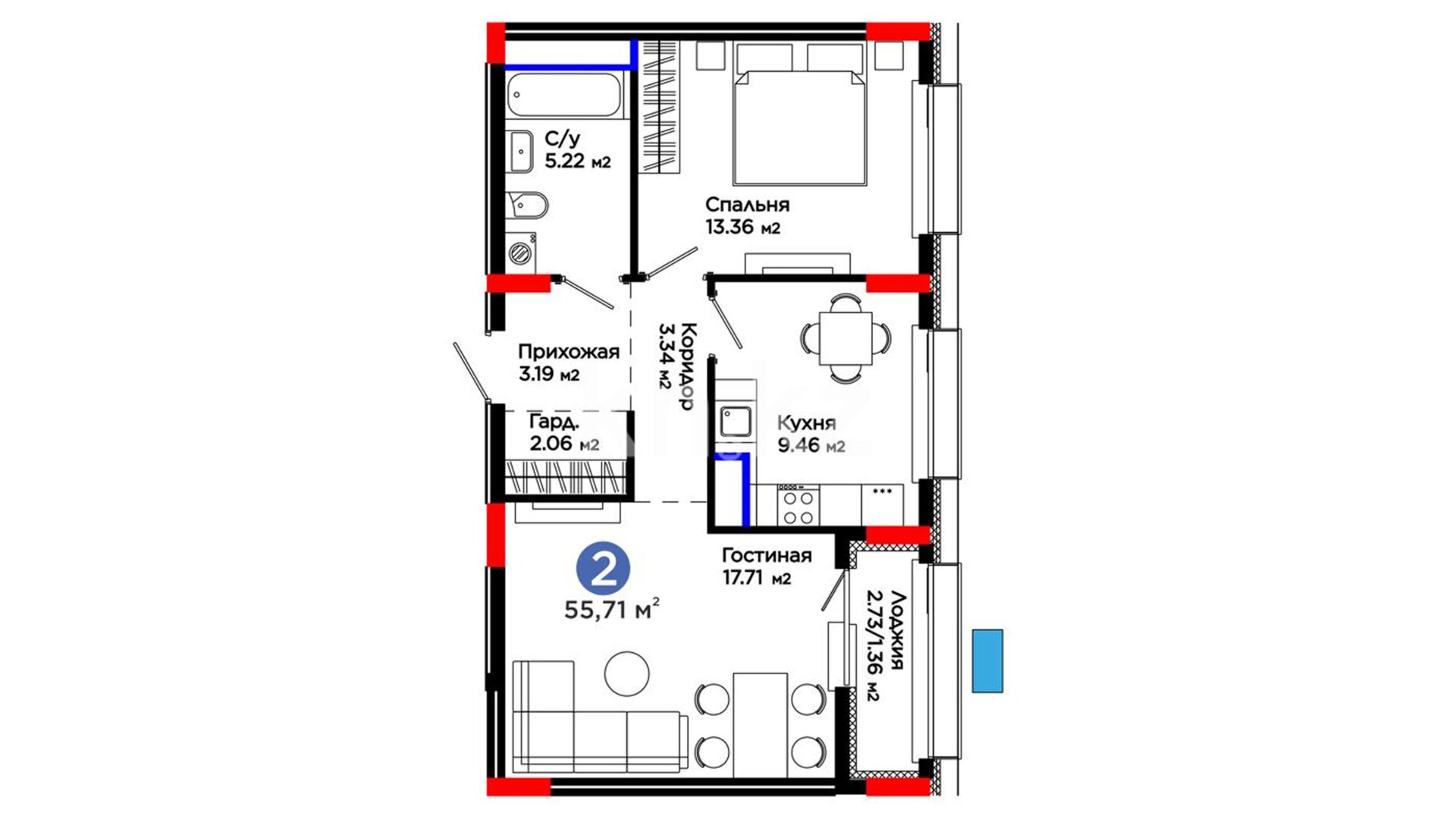 ЖК OİU, 2-комнатная, цена 39 659 949 ₸, 711 900 ₸&nbsp;/&nbsp;м²