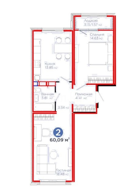 Продажа 2-комнатной квартиры, 60.09 м² в Астане - фото 2