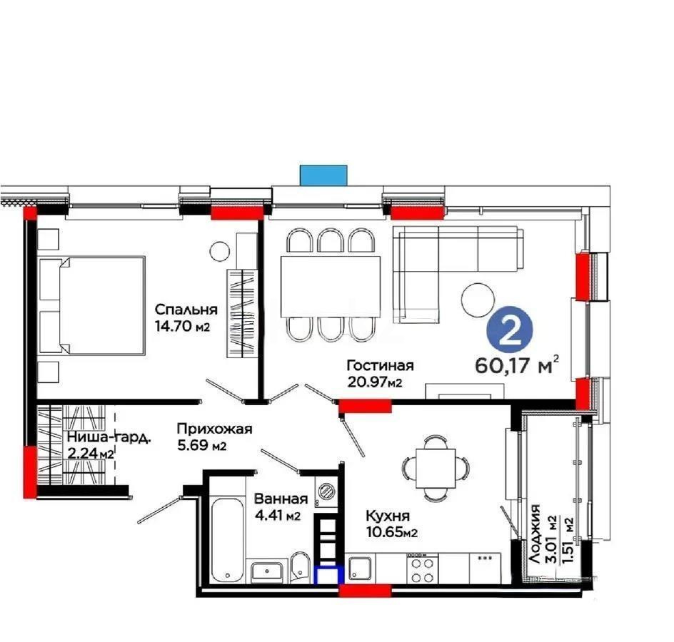 Продажа 2-комнатной квартиры, 60.17 м² в Астане - фото 2