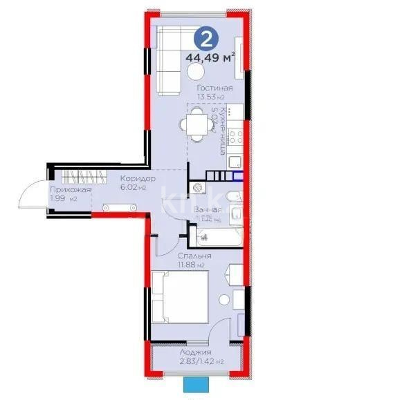 Продажа 2-комнатной квартиры, 44.49 м² в Алматы - фото 2