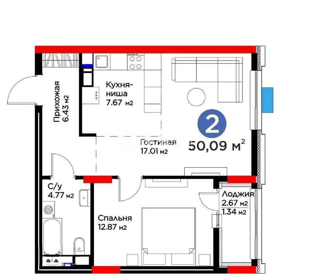 Продажа 2-комнатной квартиры, 50 м², ул. Рыскулова, дом  9 стр в Астане