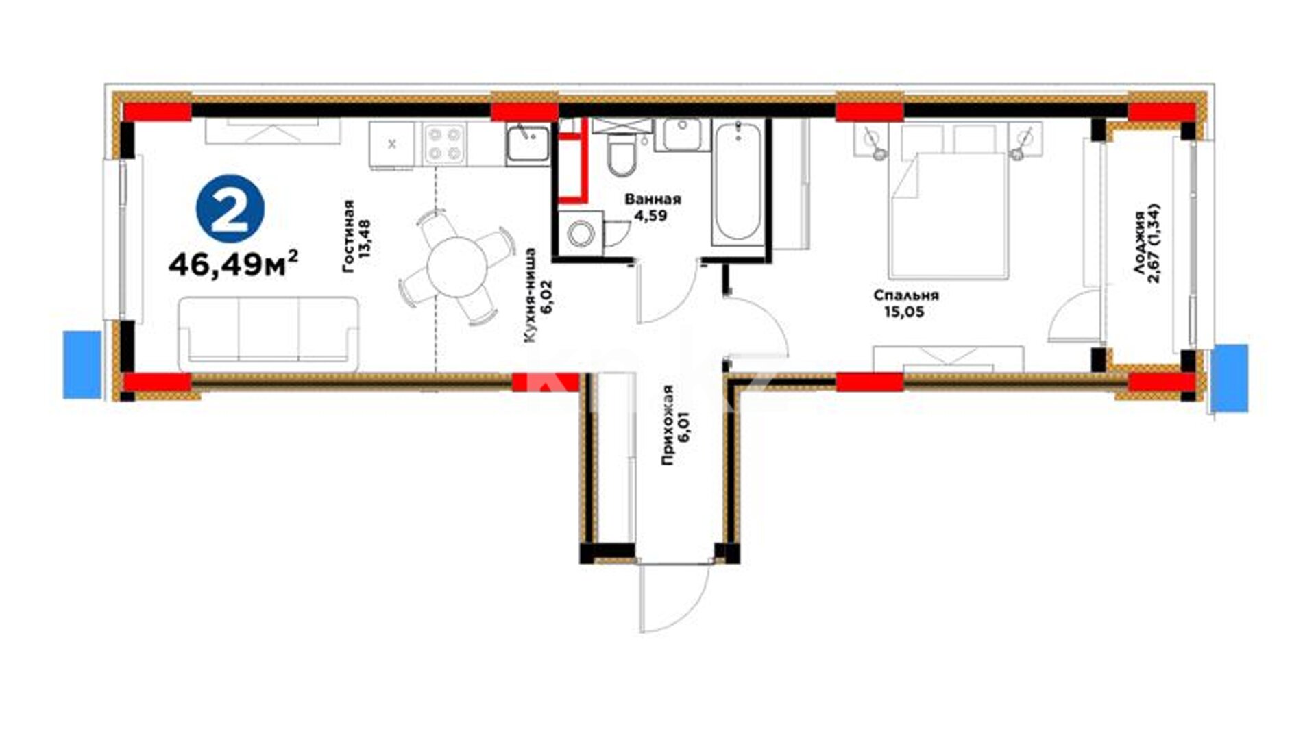ЖК Bosaga, 2-комнатная, цена 34 076 899 ₸, 732 995 ₸&nbsp;/&nbsp;м²