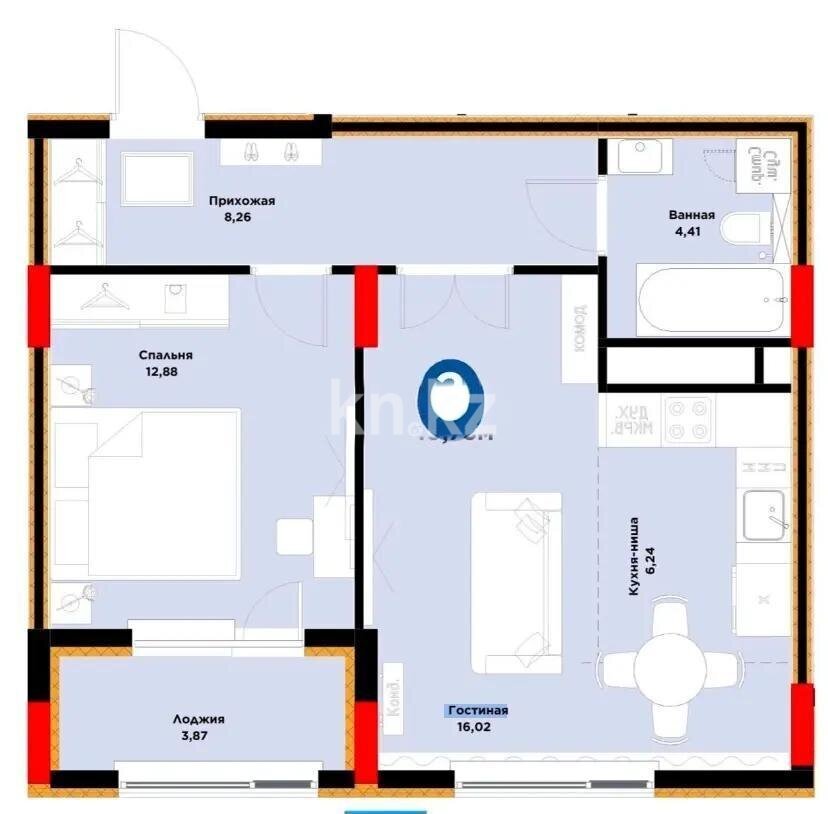 Продажа 2-комнатной квартиры, 49.75 м² в Астане