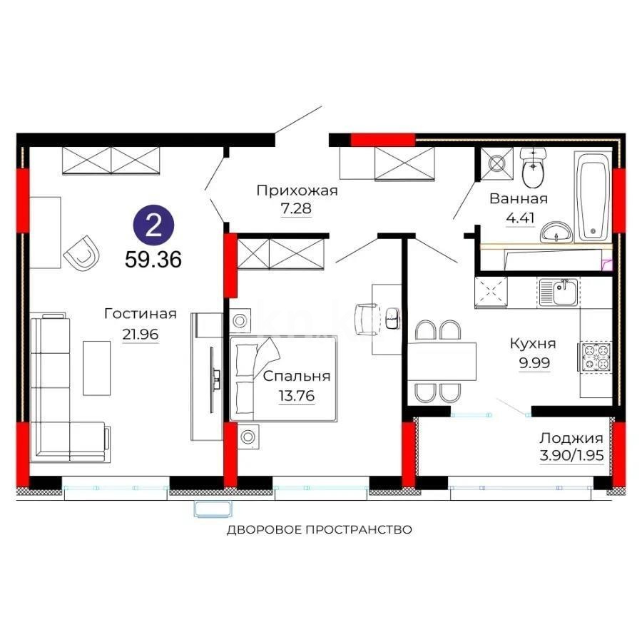 Продажа 2-комнатной квартиры, 59.36 м² в Астане - фото 4