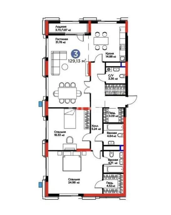 Продажа 3-комнатной квартиры, 130 м² в Астане
