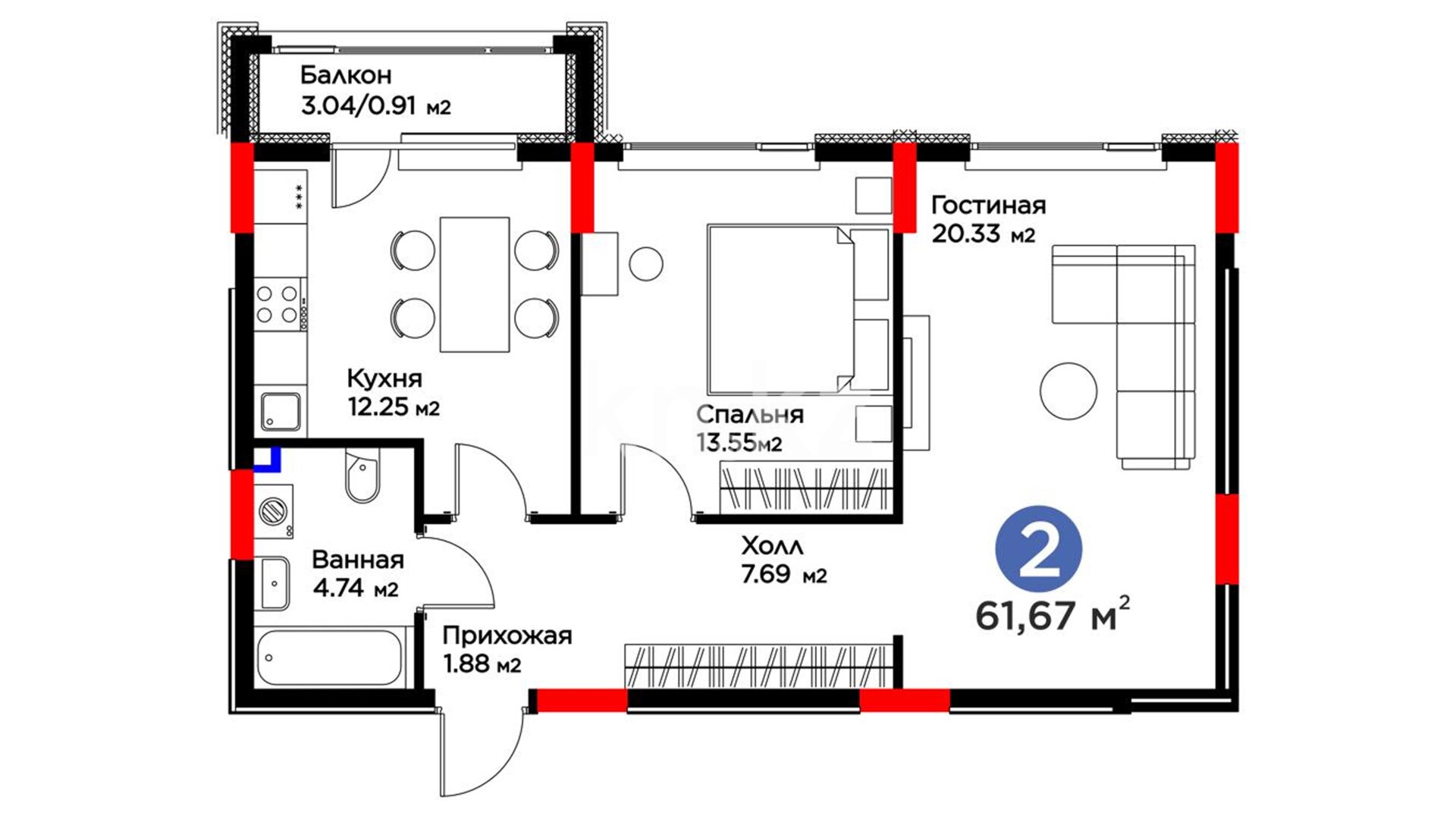ЖК Bosaga, 2-комнатная, цена 38 959 180 ₸, 635 032 ₸&nbsp;/&nbsp;м²