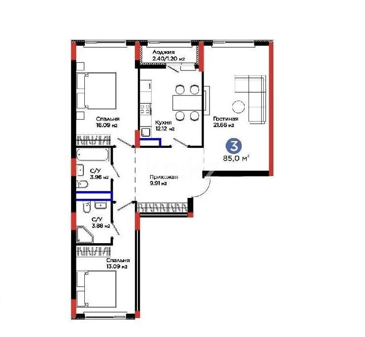 Продажа 3-комнатной квартиры, 85 м² в Астане