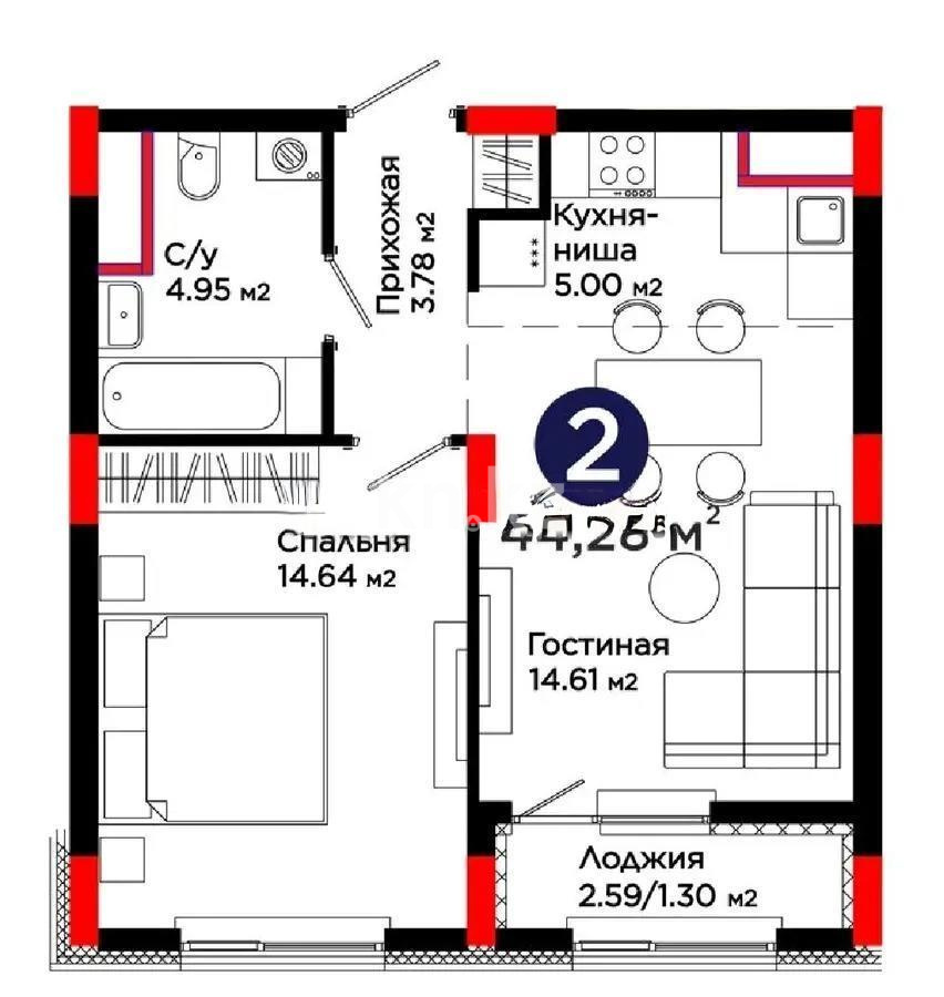Продажа 2-комнатной квартиры, 44.28 м² в Астане