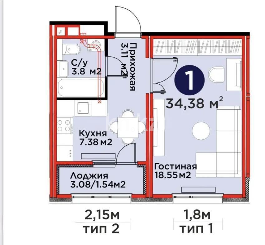 Продажа 1-комнатной квартиры, 34.4 м², ул. Е-511, дом  38 в Астане