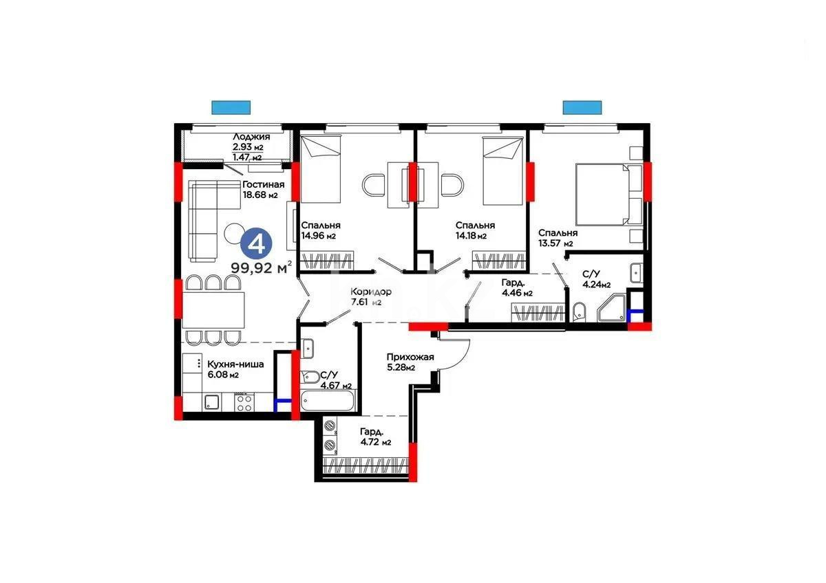 Продажа 4-комнатной квартиры, 99.92 м² в Астане