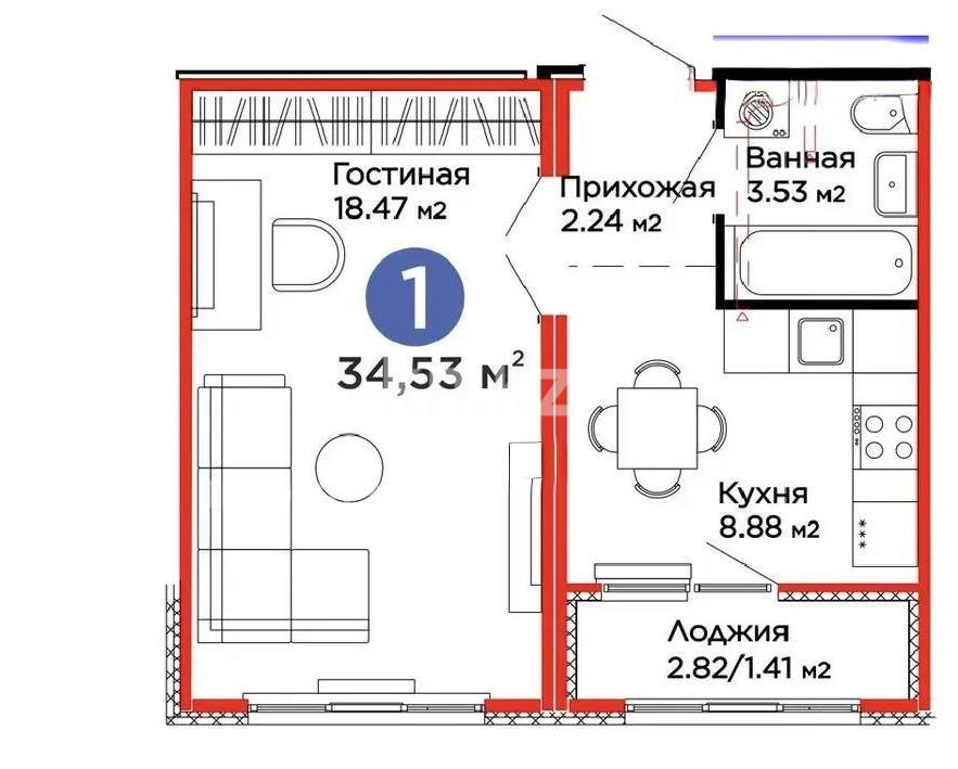 Продажа 1-комнатной квартиры, 34.53 м² в Астане