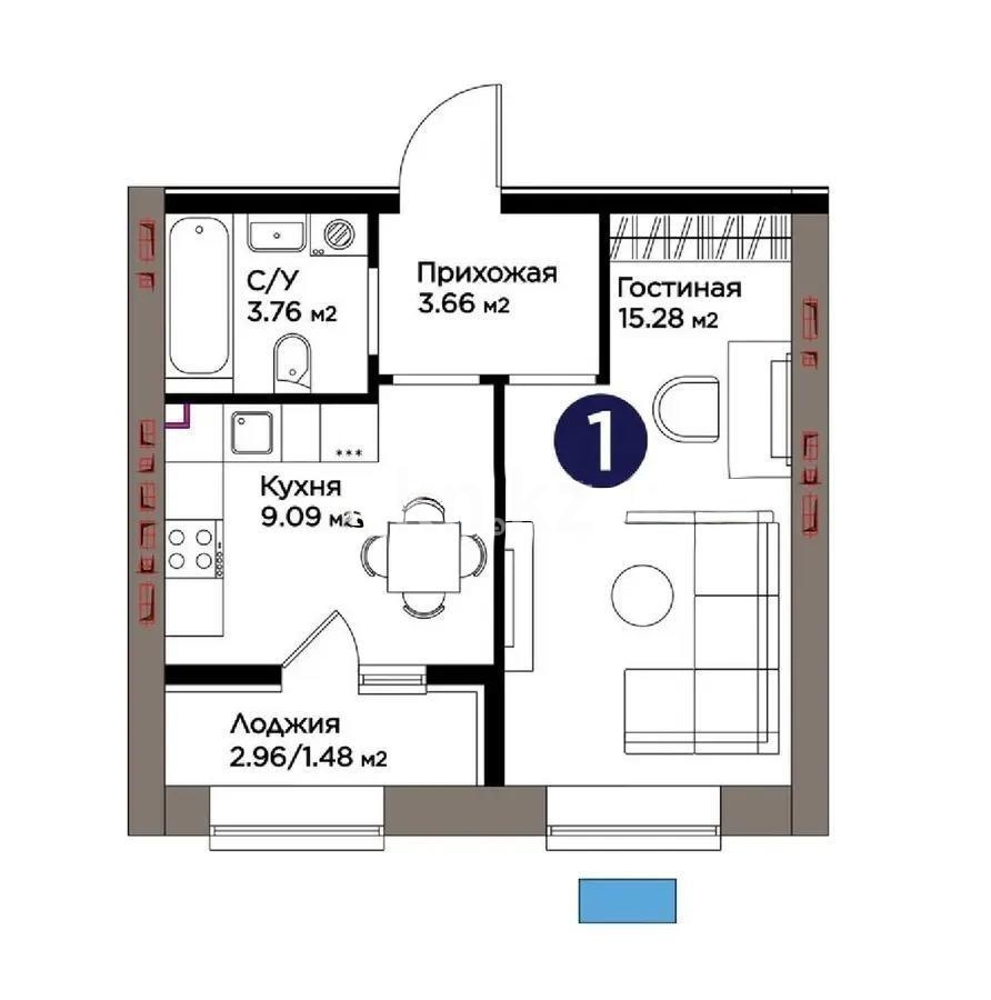 Продажа 1-комнатной квартиры, 33.27 м² в Астане