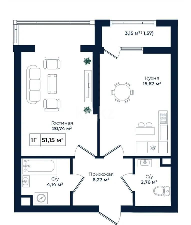 Продажа 1-комнатной квартиры, 51.15 м² в Алматы
