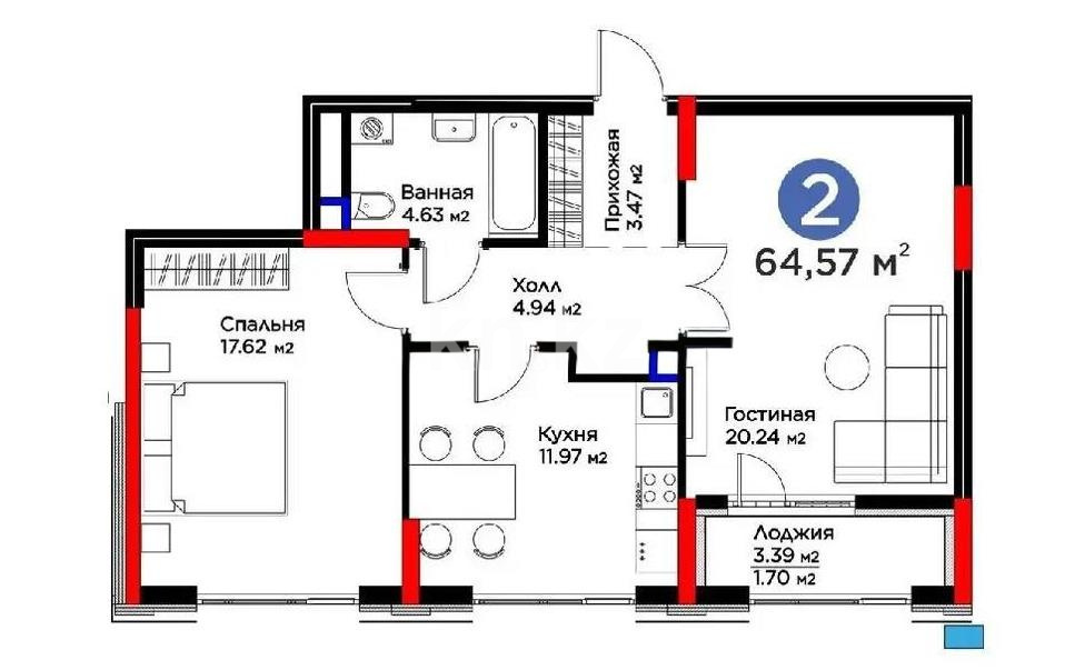 Продажа 2-комнатной квартиры, 63 м² в Астане