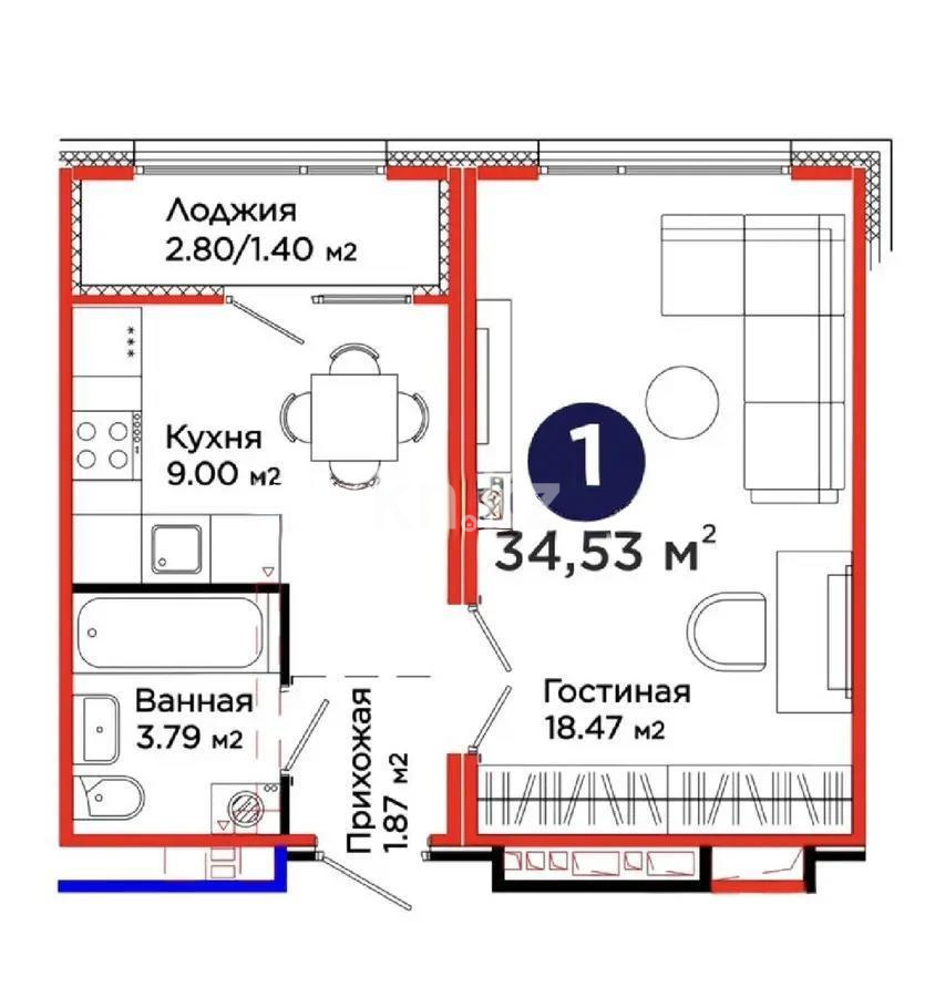 Продажа 1-комнатной квартиры, 34.53 м² в Астане