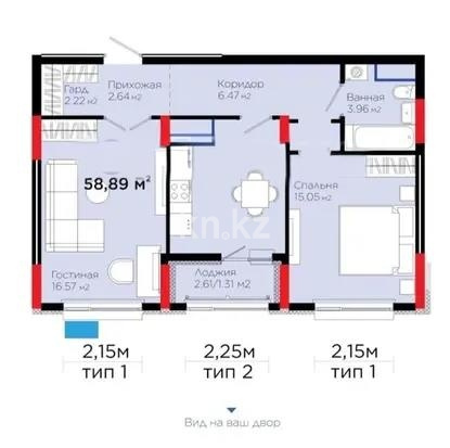 Продажа 2-комнатной квартиры, 59 м² в Астане