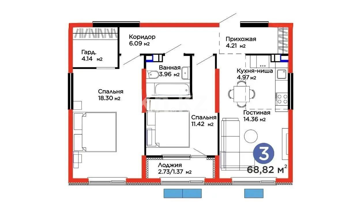 Продажа 3-комнатной квартиры, 68.82 м² в Алматы