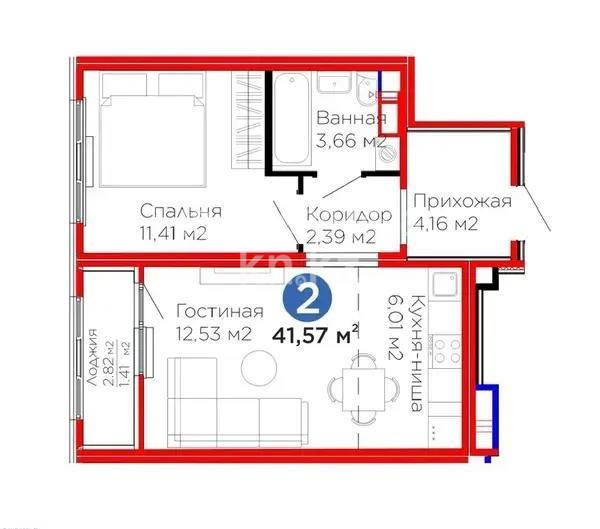 Продажа 2-комнатной квартиры, 41.57 м² в Астане
