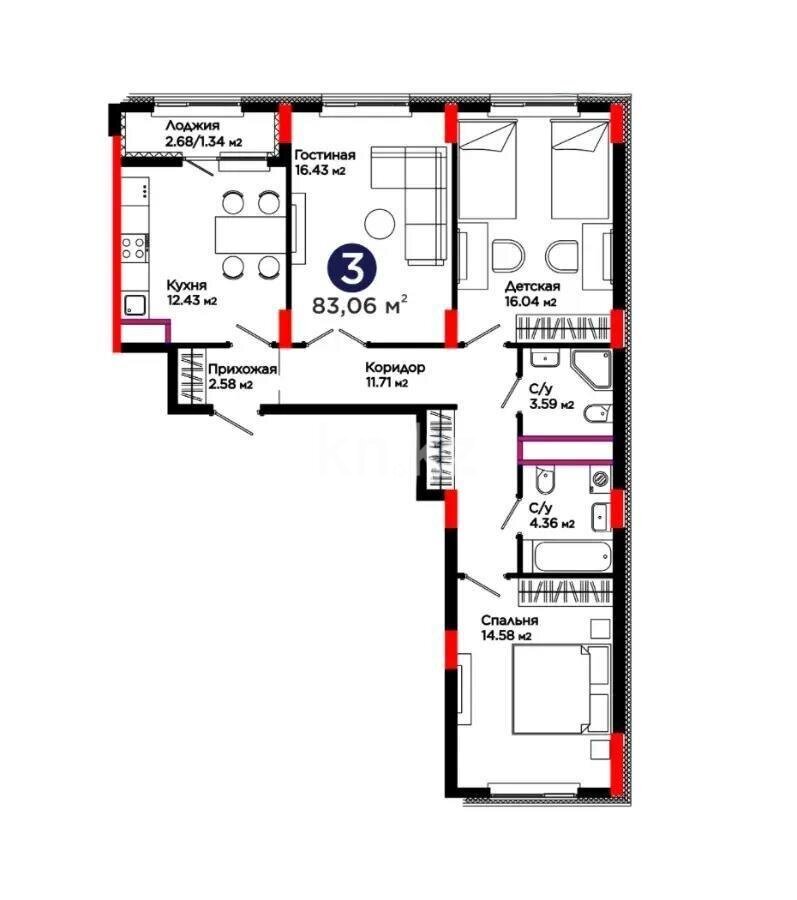 Продажа 3-комнатной квартиры, 83.06 м² в Астане