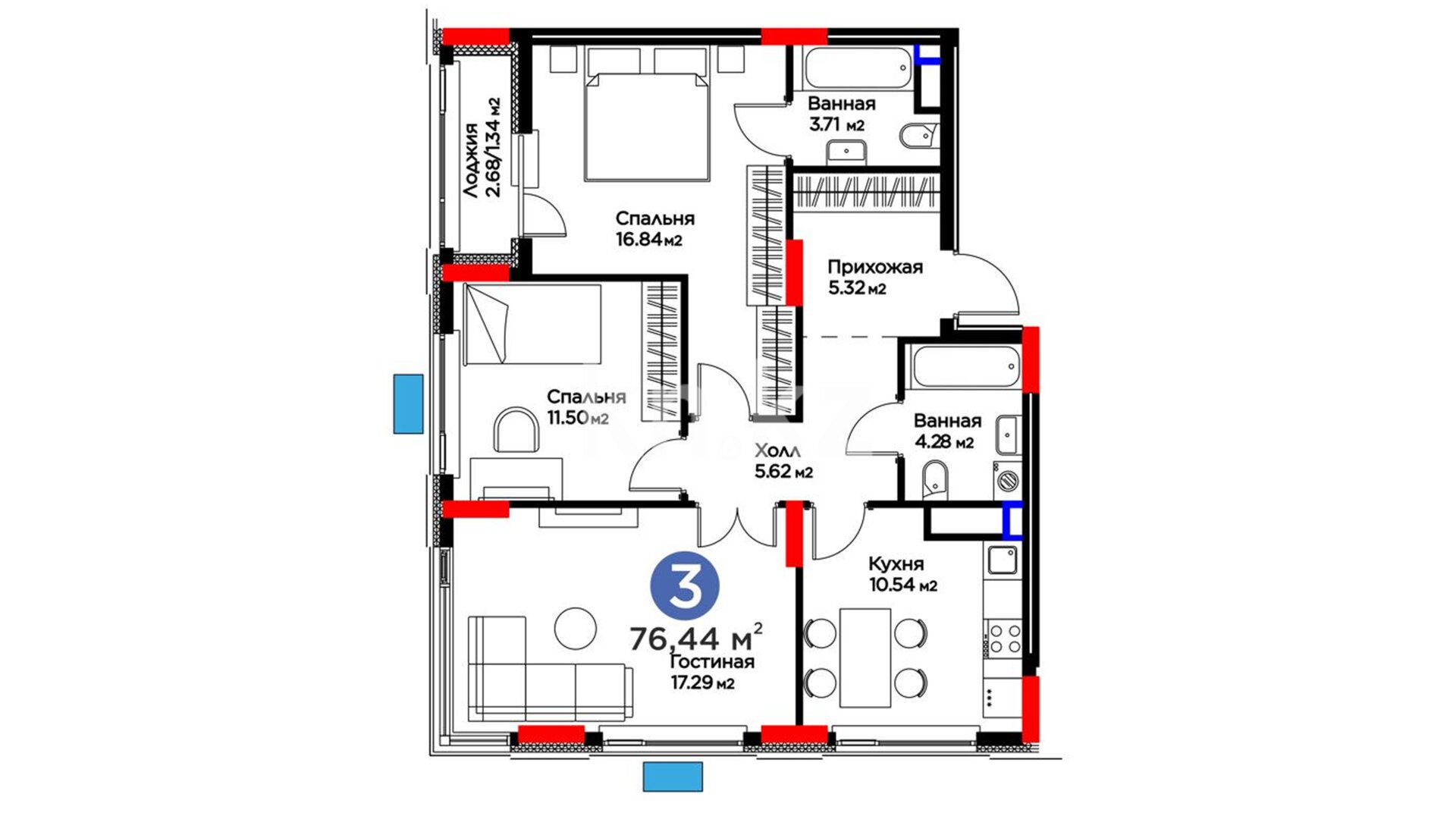 ЖК Bosaga, 3-комнатная, цена 38 984 400 ₸, 510 000 ₸&nbsp;/&nbsp;м²