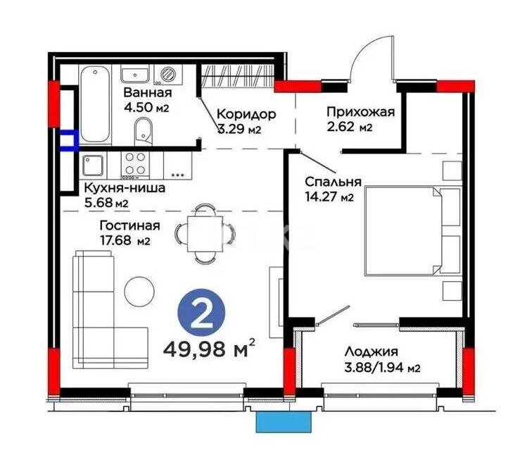 Продажа 2-комнатной квартиры, 49.98 м² в Астане
