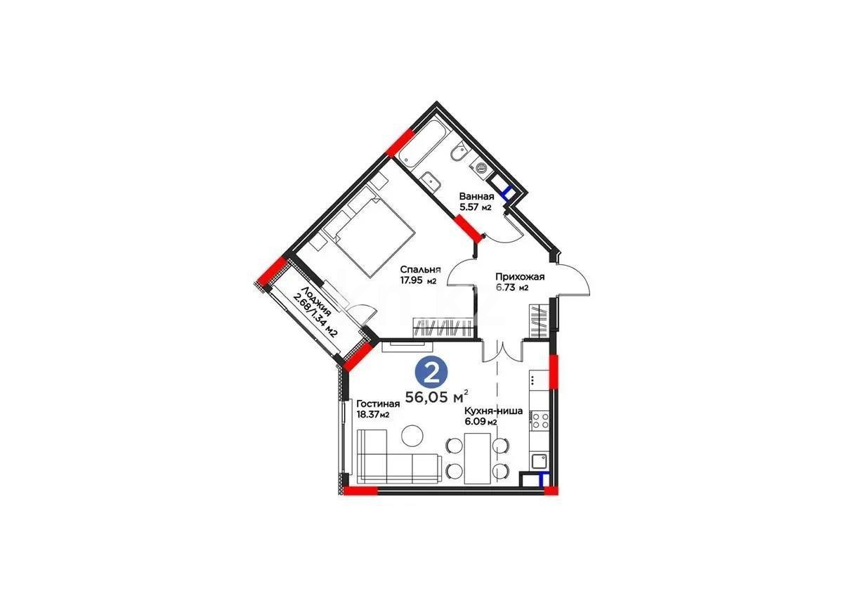 Продажа 2-комнатной квартиры, 56.5 м² в Астане