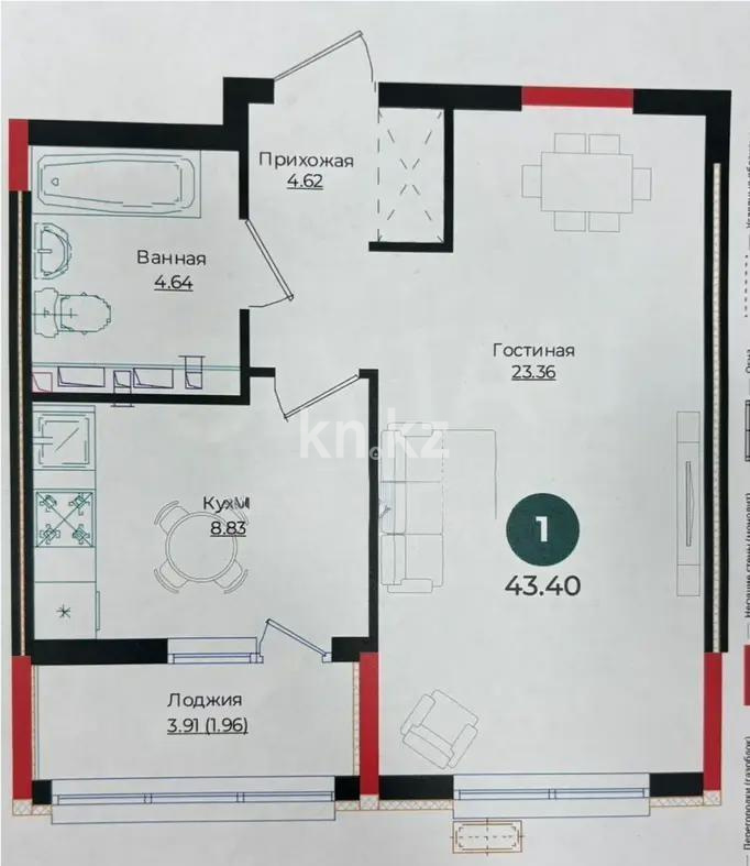 Продажа 1-комнатной квартиры, 43.4 м², ул. Е-882, дом  15 в Астане