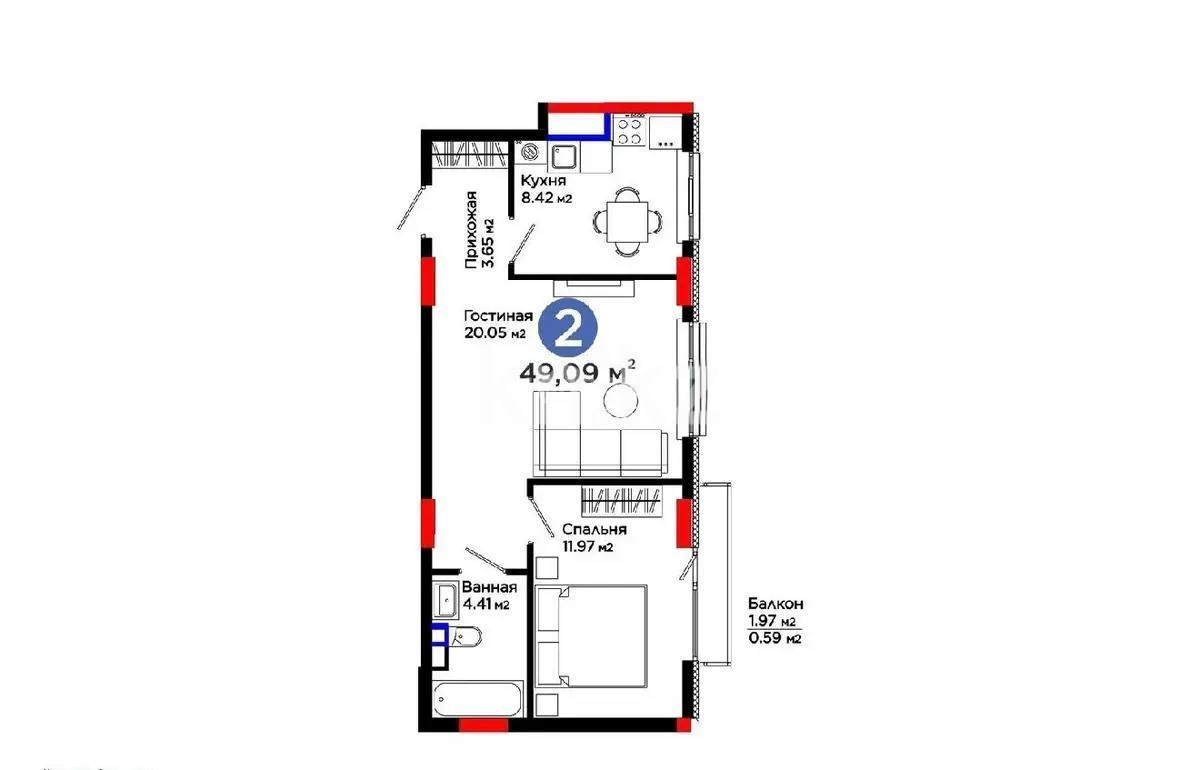 Продажа 2-комнатной квартиры, 50 м² в Астане
