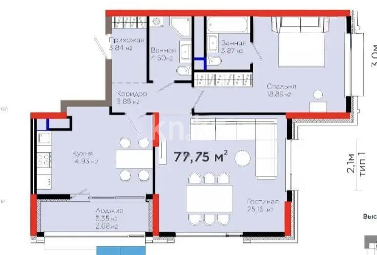 Продажа 2-комнатной квартиры, 77 м², ул. Рыскулова, дом  3 в Астане