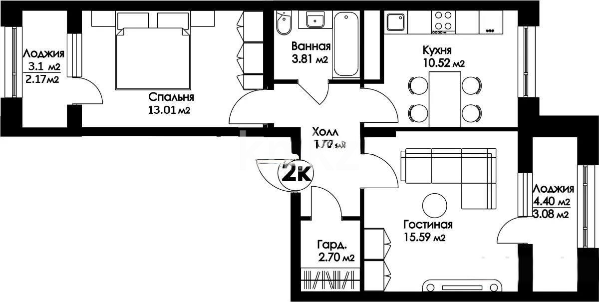 Продажа 2-комнатной квартиры, 56.65 м² в Астане