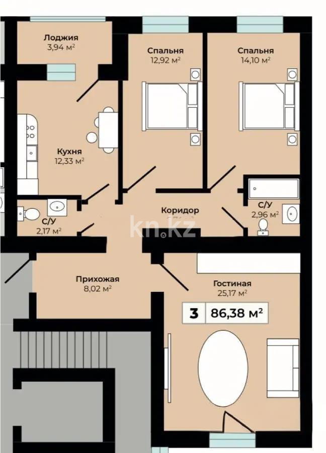 Продажа 3-комнатной квартиры, 86.38 м², ул. Байтурсынова, дом  36 в Астане