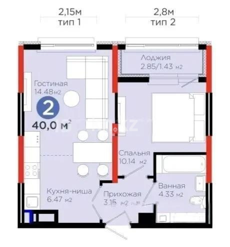 Продажа 2-комнатной квартиры, 40 м² в Астане