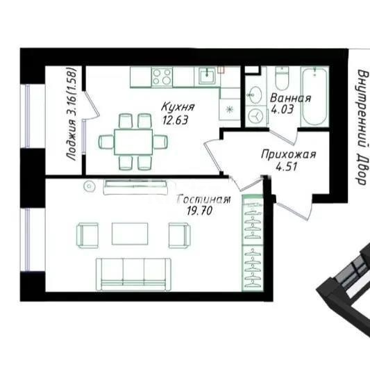 Продажа 1-комнатной квартиры, 42.45 м² в Астане