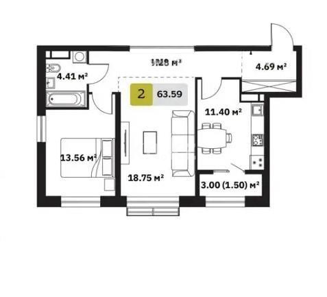 Продажа 2-комнатной квартиры, 63.59 м², ул. Туркестан, дом  115 в Алматы