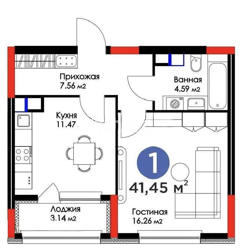 Продажа 1-комнатной квартиры, 41.45 м², ул. Рыскулова, дом  16/2 в Астане