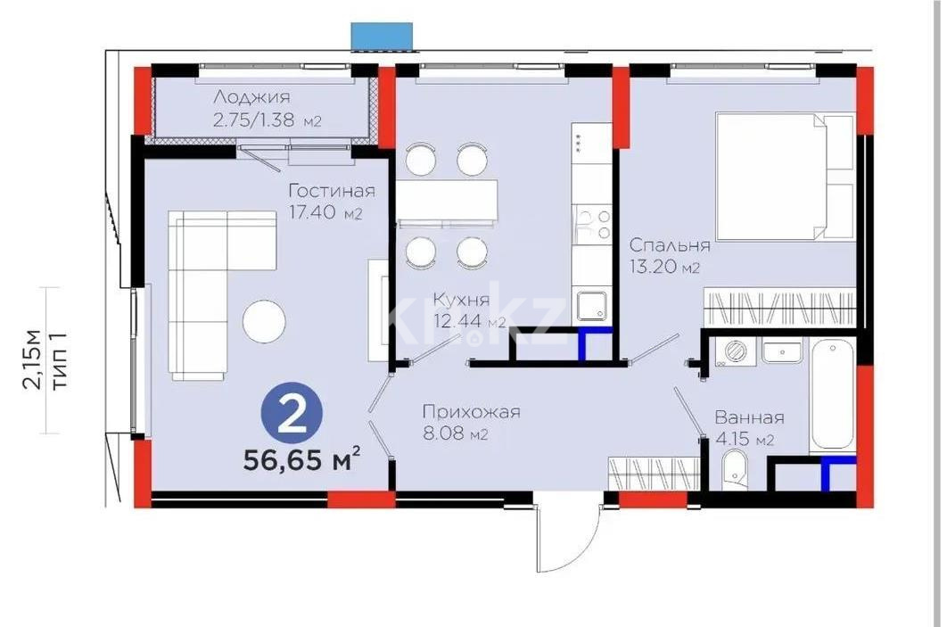 Продажа 2-комнатной квартиры, 57 м² в Астане