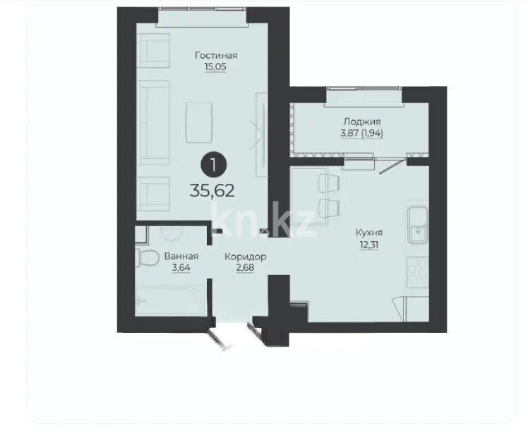 Продажа 1-комнатной квартиры, 35.62 м² в Астане