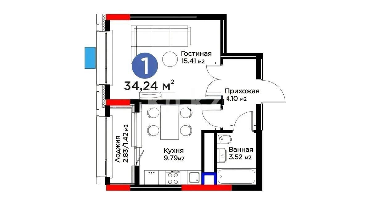 Продажа 1-комнатной квартиры, 34.7 м² в Астане