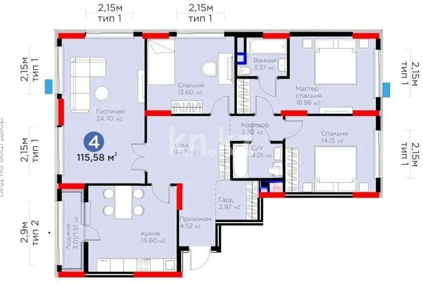 Продажа 4-комнатной квартиры, 115.58 м² в Астане