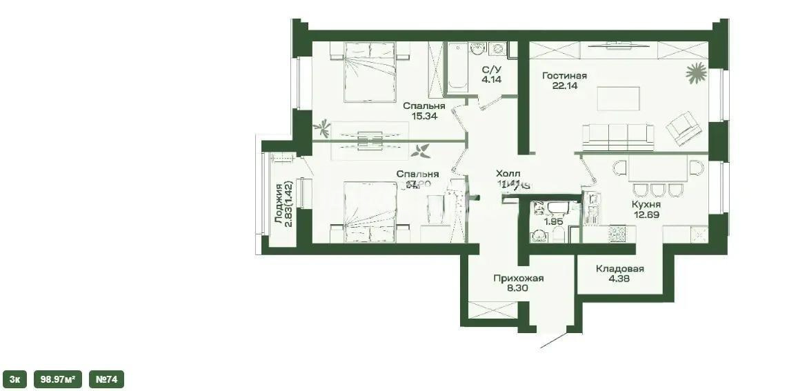 Продажа 3-комнатной квартиры, 98.97 м² в Астане