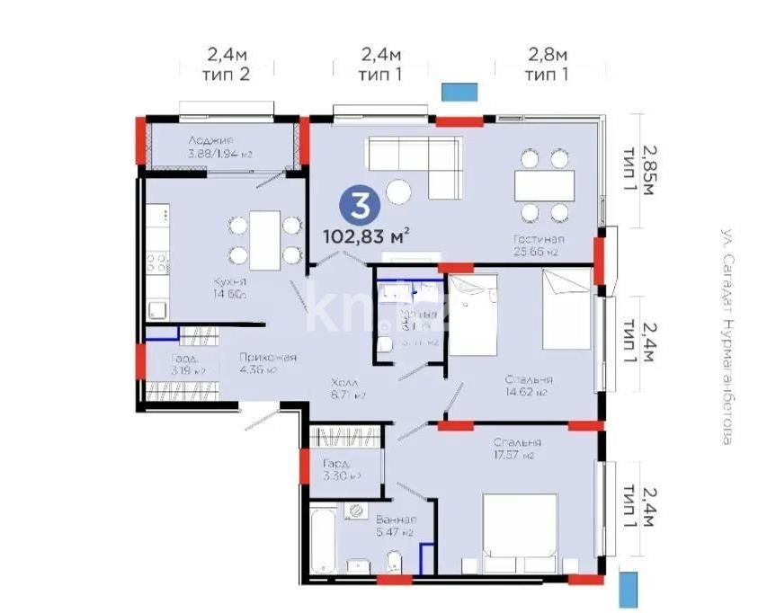 Продажа 3-комнатной квартиры, 103 м² в Астане