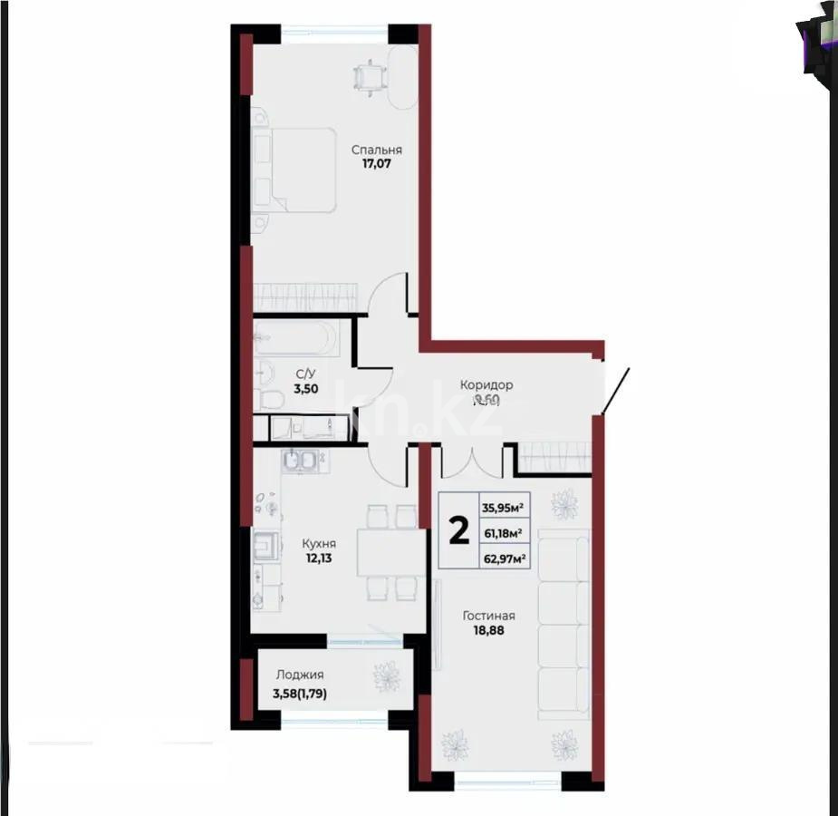 Продажа 2-комнатной квартиры, 62.97 м² в Астане